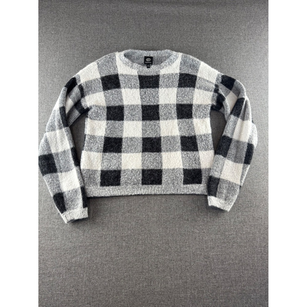 Bobeau Womens Buffalo Plaid Fuzzy Knit Crewneck Sweater Black White Grey XS